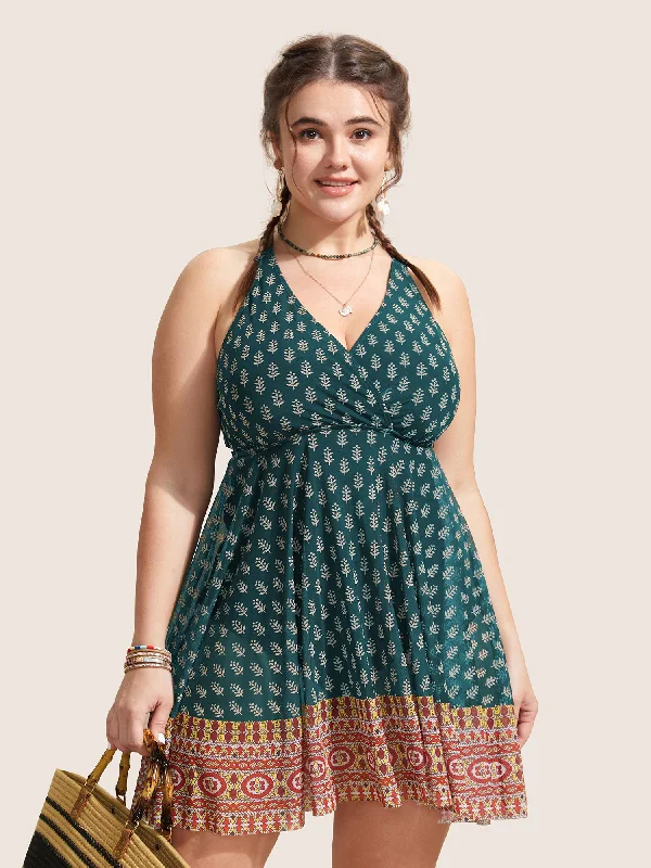 Overlap Collar Boho Print Patchwork Swim Dress