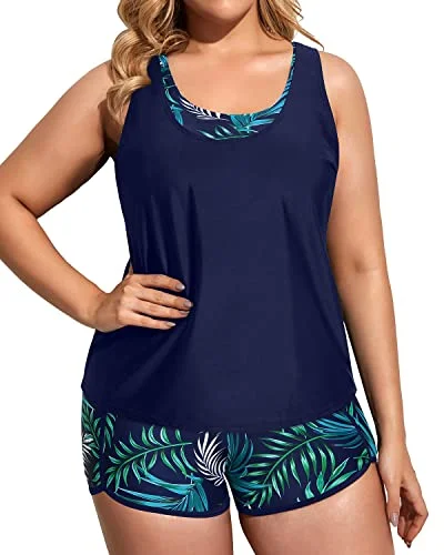 Women's Plus Size Tankini Swimsuits With Sports Bra And Boardshorts-Navy Leaves