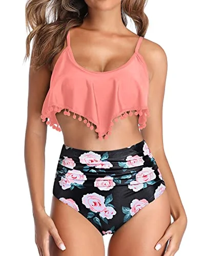 Pom Pom Trim Bathing Suit Two Piece Bikini Swimsuit-Coral Pink Floral