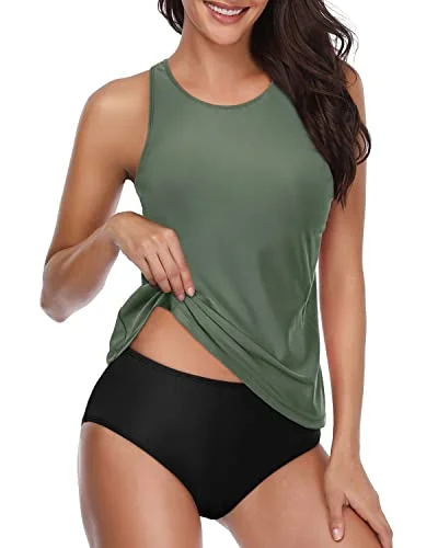 Tummy Control Halter Tankini Swimsuits High Neck Swim Top And Shorts-Olive Green