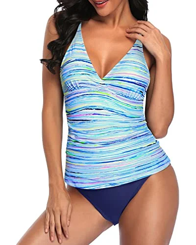 Two Piece Adjustable Shoulder Straps Tankini Swimsuits For Women-Blue Striped