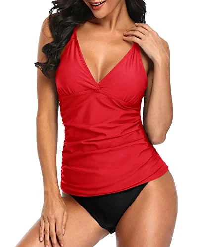 Tummy Control Two Piece V Neck Tankini Set Bathing Suits For Women-Neon Red