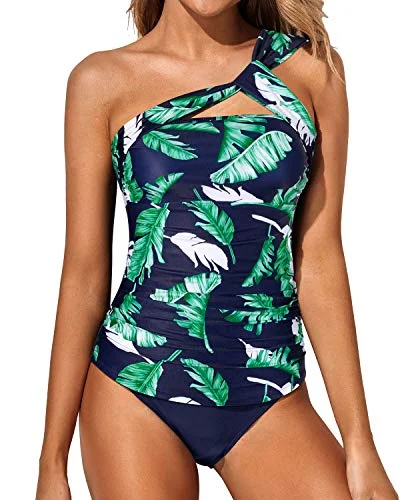 Tummy Control Two Piece Ruched One Shoulder Tankini Swimsuit-Blue Leaf