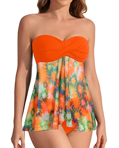 Two Piece Bandeau Tankini Flowy Flyaway Front For Womenr-Orange