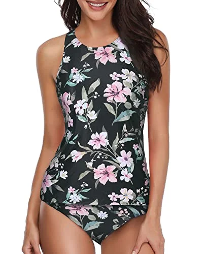 Tummy Control Tankini Bathing Suits For Women-Black Flowers