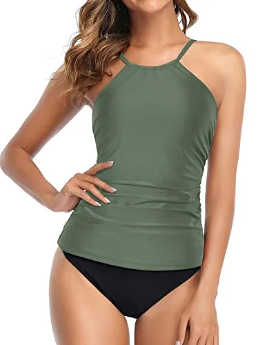 Two Piece Full Coverage Ruched Tankini Bathing Suit-Olive Green