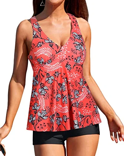 Trendy Swim Tops Shorts Boyshort For Women's Tankini Swimsuits-Red Floral