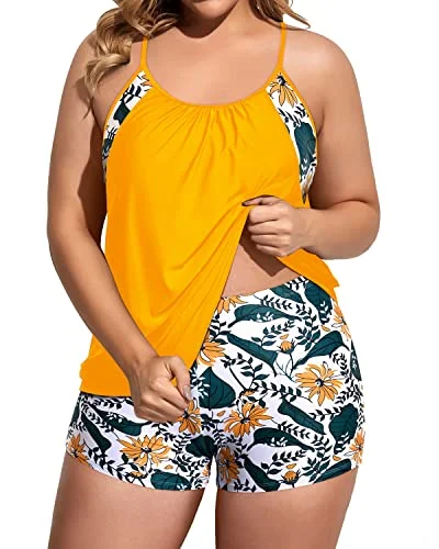 Women's Push Up Tankini Top With Boy Shorts For Plus Size Bathing Suits-Yellow Floral