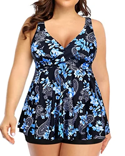 Twist Front Tankini Swimsuit For Maternity Women-Black Floral