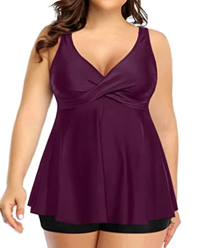 Twist Front Plus Size Tankini Swimsuit Tummy Control Bathing Suits For Women-Maroon