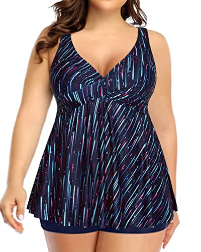 Twist Front Push Up Effect Plus Size Tankini Swimsuit For Teens-Navy Blue