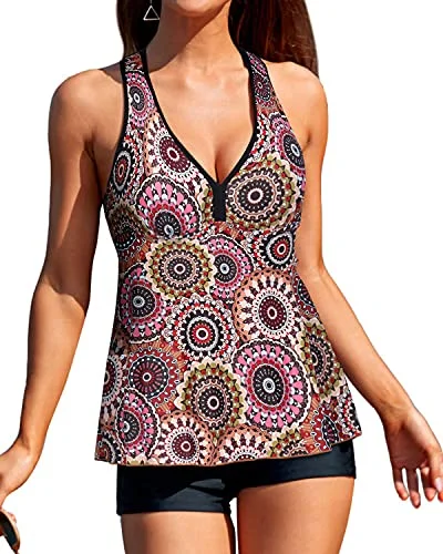 Two Piece Full Coverage Swimwear & Push Up Tankini-Brown Print