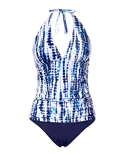 Women's Tummy Control Tankini Two Piece Bathing Suits Sexy V Neck Halter Tankini Top