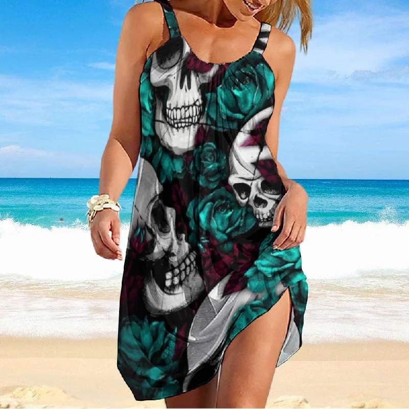 Skull Green Flowers Print Cover-up For Swimwear